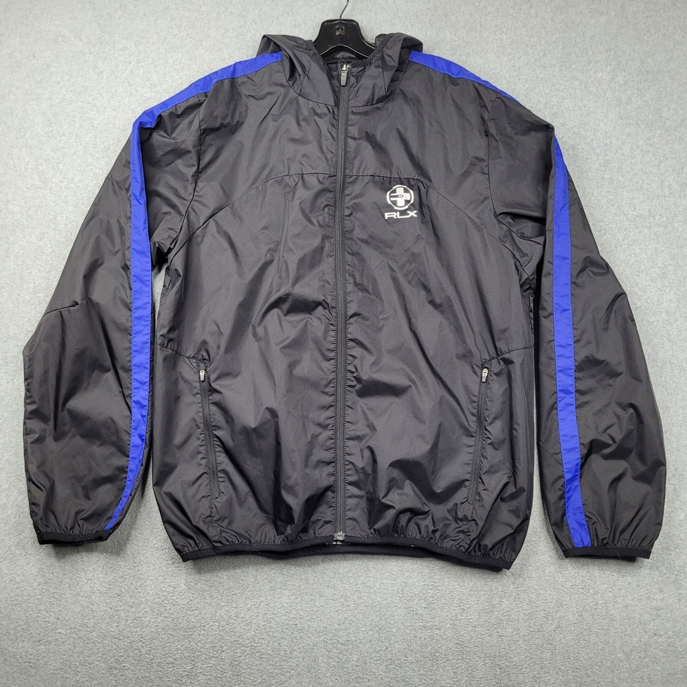 RLX Ralph Lauren Windbreaker Mens Large Black Blue Stripe Hooded Full Zip Jacket